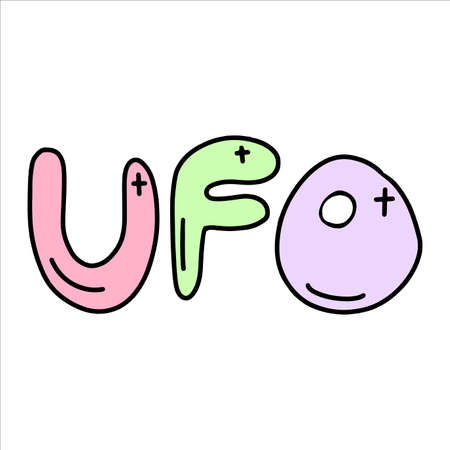 Vector Lettering UFO drawn in a flat style. Pink comet sticker. Childrens space illustration.のイラスト素材