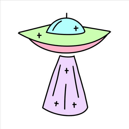 Vector Green and Pink flying saucer in flat style. Ufo sticker in childrens style.のイラスト素材