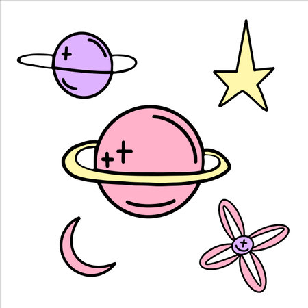 Set of Vector space objects drawn in a flat style. Pink and purple planets and stars. Childrens space illustration.のイラスト素材