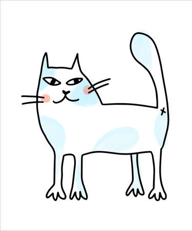 Vector Funny doodle cat with watercolor spots on the background.のイラスト素材