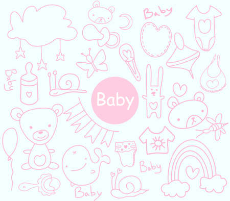 Sketchy hand drawn Doodle cartoon set of objects and symbols on the baby theme. Hand Made Design Vector New Born.のイラスト素材