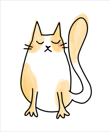 Vector Funny doodle cat with watercolor spots on the background.のイラスト素材