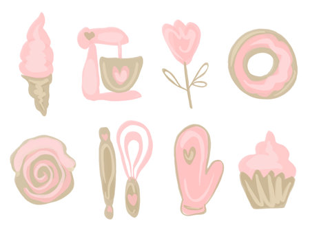 Vector Hand drawn isolated design elements set for bakery. Kitchen pastry tools set. Watercolor collection of sweet cakes and donuts.のイラスト素材