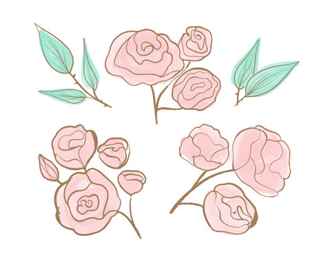 Set of floral branch. Flower pink rose, green leaves. Wedding Vector concept with flowers. Floral poster, invite. Roses drawn with golden one line and pink watercolor.のイラスト素材