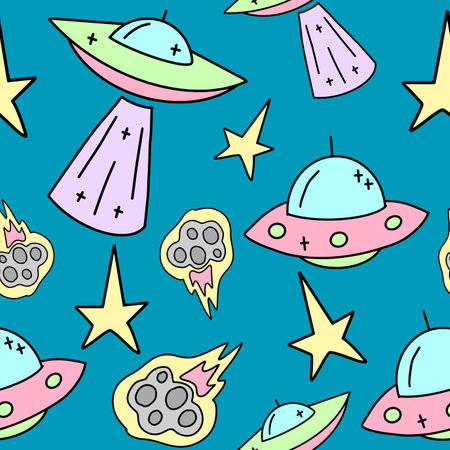 Vector Seamless childish space pattern with rockets, asteroids and ufo.のイラスト素材