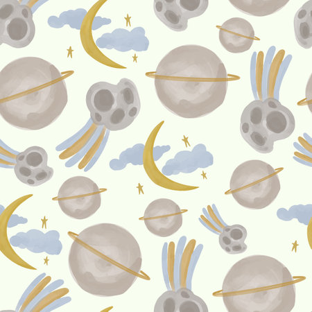 Vector Seamless pattern in boho style with space objects painted in watercolor.のイラスト素材