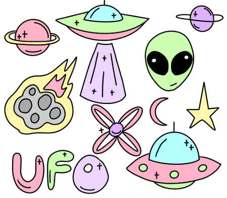 Collection of ufo, aliens and space objects drawn in flat style. High quality illustration.の写真素材