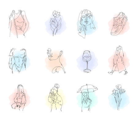 Womens faces in one line art style with flowers and leaves. Watercolor pink spots on the background. Hand drawn illustration.の写真素材