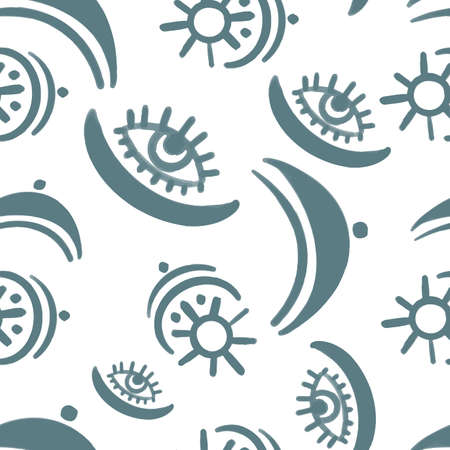 Vector Seamless pattern with magic symbols, runes and stars in boho style.のイラスト素材