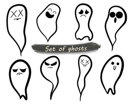 Vector Ghosts doodle set Set of cloth Ghosts Flying Phantoms Halloween scary ghostly monstersのイラスト素材