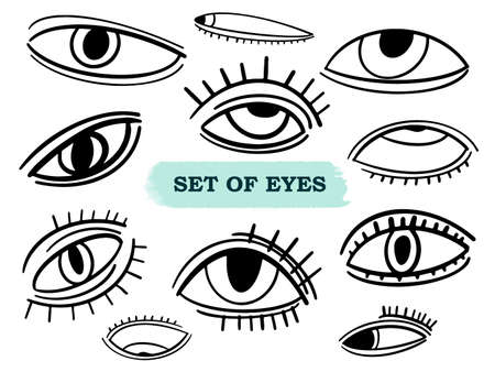 Vector Collection of hand drawn human eyes in line style. Cartoon doodle eyes.のイラスト素材