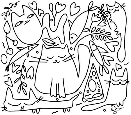 Vector Set of cats and Doodle elements. Funny hand drawn cats. Animals vector illustration with adorable kittens.のイラスト素材