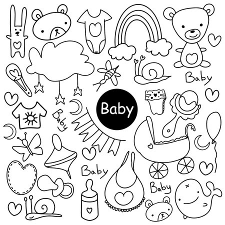 Vector Sketchy hand drawn Doodle cartoon set of objects and symbols on the baby theme.のイラスト素材