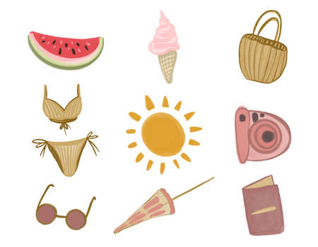 Vector Hand drawn watercolor summer beach collection in boho style.のイラスト素材