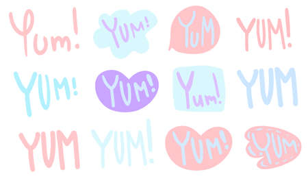 Vector Yum Yum words set. Design doodle for print. Cartoon hand drawn calligraphy style.のイラスト素材