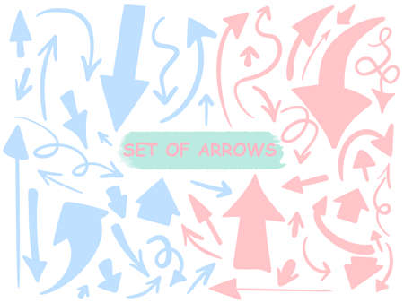 Vector hand drawn arrows icons. Large collection of blue and pink pointers.のイラスト素材