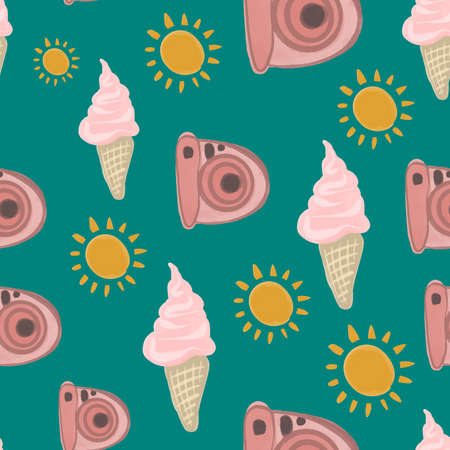 Colorful seamless summer pattern with hand drawn beach elements.のイラスト素材