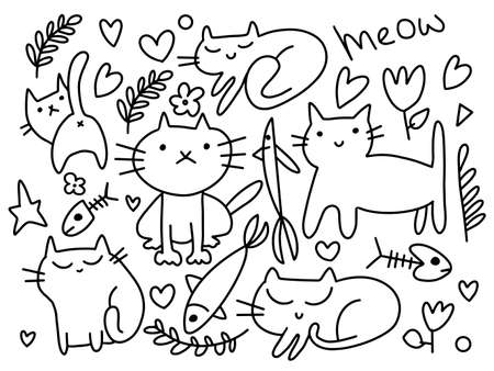 Vector Set of cats and Doodle elements. Funny hand drawn cats. Animals vector illustration with adorable kittens.のイラスト素材