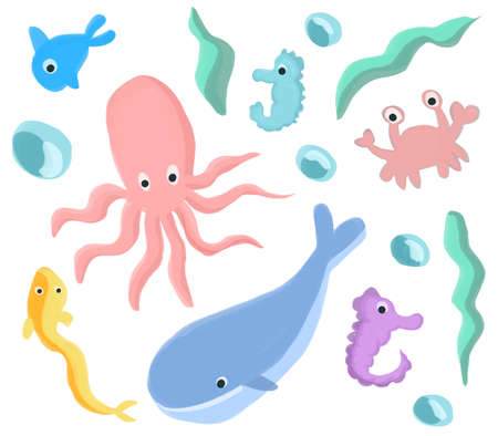 Vector Underwater world cartoon icon set. Tropical fish, corals, sand castle, starfish, shell, crab.のイラスト素材