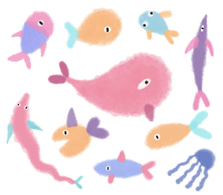 Vector Watercolor fish. Sea fish set illustration isolated on white background.のイラスト素材