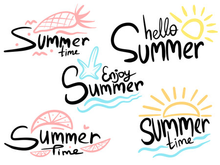 Vector Set of Summer labels, logos, hand drawn tags and elements for summer holiday, travel, beach vacation, sun.のイラスト素材