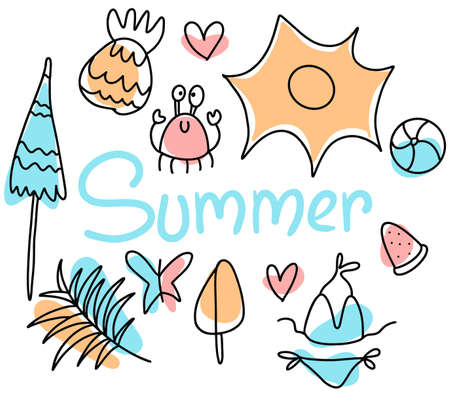 Vector Set of cute summer elements. Sun, palm tree, beach umbrella, calligraphy. Perfect for summertime poster, card, scrapbooking.のイラスト素材