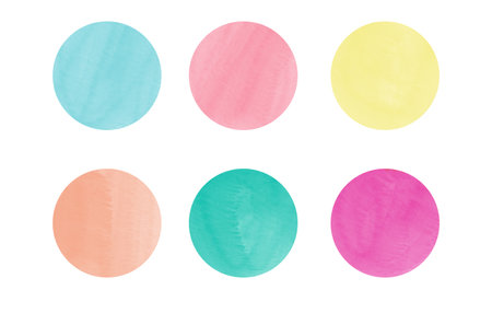 Set of colored circles. Hand-drawn bright strokes on white background. Round multicolored watercolor spots. Summer color palette.の写真素材
