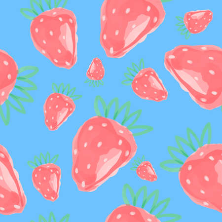 Vector Seamless pattern with pink strawberries in boho style. Background with summer berries painted in watercolor on blue.のイラスト素材