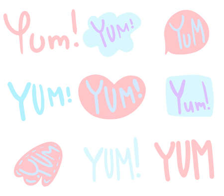 Vector Yum Yum words set. Design doodle for print. Cartoon hand drawn calligraphy style.のイラスト素材