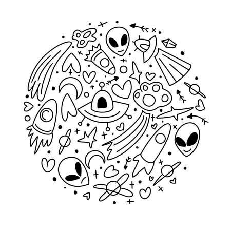 Outer Space Sketch Doodle Set. Space. Set of doodle UFO elements on an isolated background.の写真素材