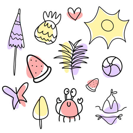 Vector Set of cute summer elements. Sun, palm tree, beach umbrella. Perfect for summertime poster, card, scrapbooking.のイラスト素材