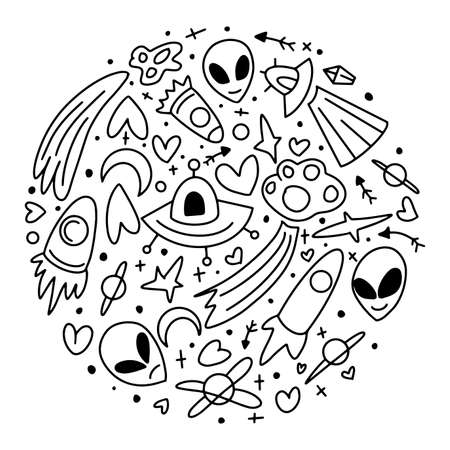 Vector Outer Space Sketch Doodle Set. Space. Set of doodle UFO elements on an isolated background.のイラスト素材