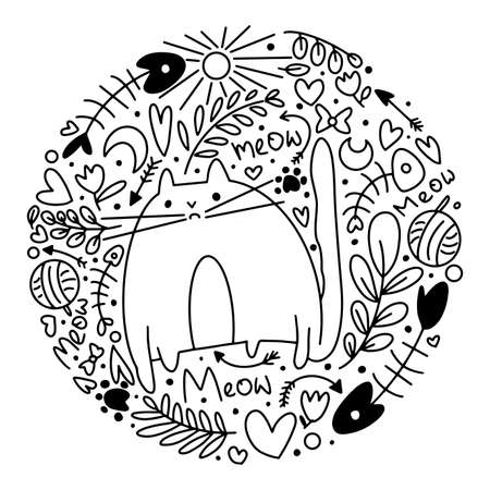 Vector Set of cats and Doodle elements. Funny hand drawn cat. Animals vector illustration with adorable kitten.のイラスト素材