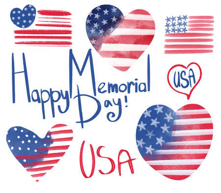 Vector Remembrance Day Set. American flags painted in watercolor in the shape of a heart.のイラスト素材