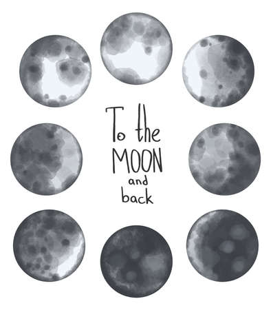 Vector Watercolor collection of moon phases. To the moon and back hand lettering text.のイラスト素材