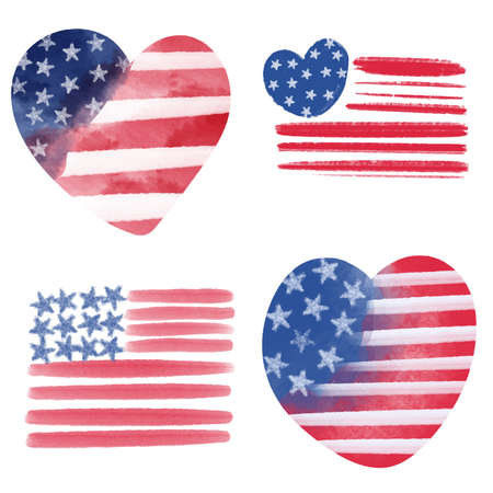 Set of Vector American flag in the shape of a heart painted in watercolor.のイラスト素材