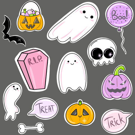 Draw vector illustration character design collection stickers for halloween Doodle cartoon styleのイラスト素材
