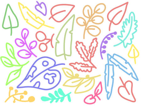 A set of tropical flora outlines drawn in a childish style in different colors. Vector.のイラスト素材