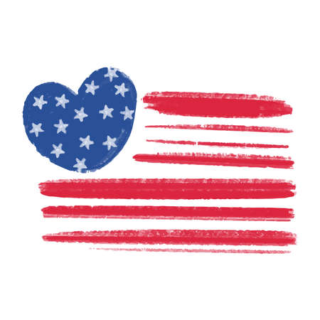Vector American flag painted in watercolor with a blue heart.のイラスト素材