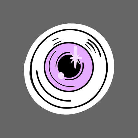 Vector frightening purple eye with sparkles in the pupil. Cute Halloween sticker.のイラスト素材
