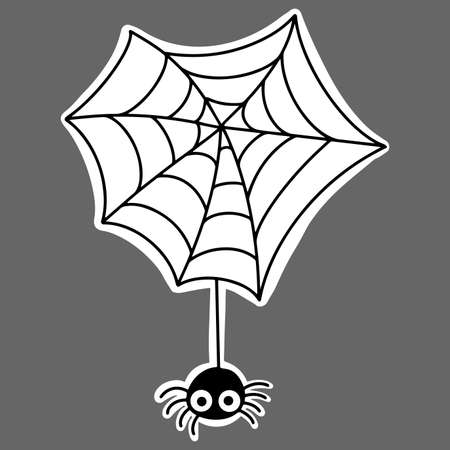 Vector Cute Halloween sticker. Funny spider descending on the web.のイラスト素材