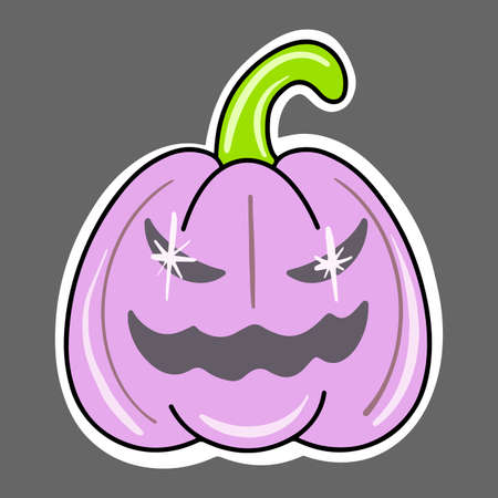 Vector frightening purple pumpkin with an evil smile. Cute Halloween sticker.のイラスト素材