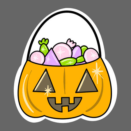 Vector Cute pumpkin with a smile and candies inside. Halloween sticker.のイラスト素材