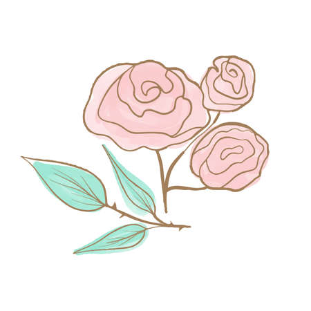 Vector pink rose flower with golden trim. Watercolor hand drawn illustration. Flower for wedding design.のイラスト素材
