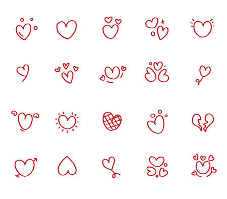 Set of red hand drawn heart shaped icons. Collection of vector valentines, love.のイラスト素材