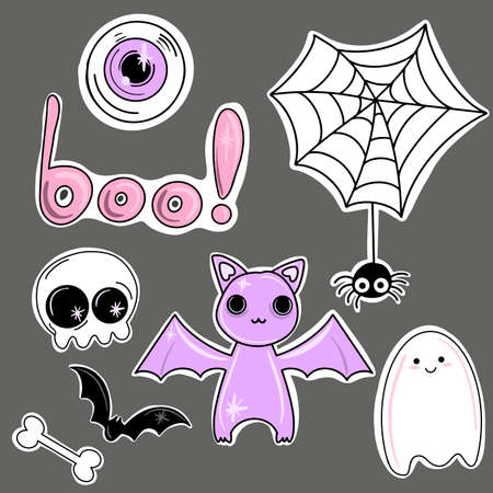 Vector set of creepy stickers for Halloween. Cute spider, web, ghost, skull, bone. Illustrations drawn in childrens style isolated on a gray background.のイラスト素材
