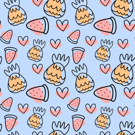 Vector Summer abstract pattern with pineapple and watermelon in doodle style.のイラスト素材