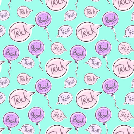 Vector Seamless pattern for Halloween. Mint background with Treats or Trick in balloons.のイラスト素材