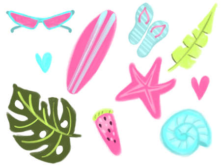 Summer Collection of beach elements hand-drawn in watercolor. Surfboard, sun glasses, monstera leaf.の写真素材