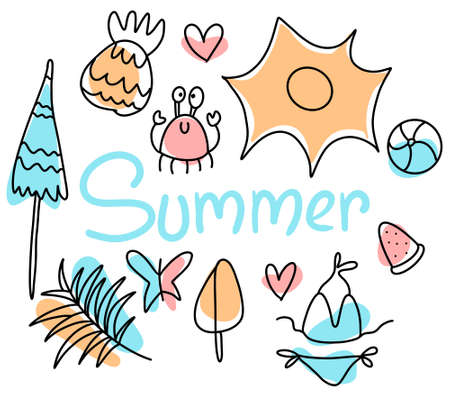 Set of cute summer elements. Sun, palm tree, beach umbrella, calligraphy. For summertime poster, card, scrapbooking.の写真素材